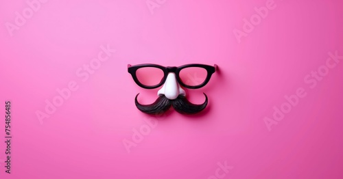 Funny mustache and glasses top view on a pink background. Minimal style. april fool's day concept, greeting card