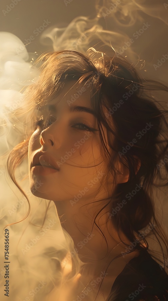 Portrait of an exhausted young woman surrounded by smoke. Conceptual image of stress