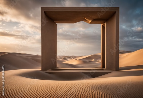 square portal is in the middle of a desert with sand dunes and a cloudy sky