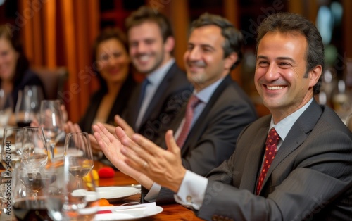 Multiracial group of individuals seated at a table, enthusiastically clapping their hands together in unison