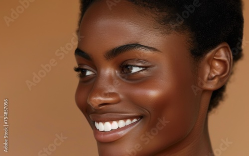 Close up of a multiracial woman with a joyful smile on her face