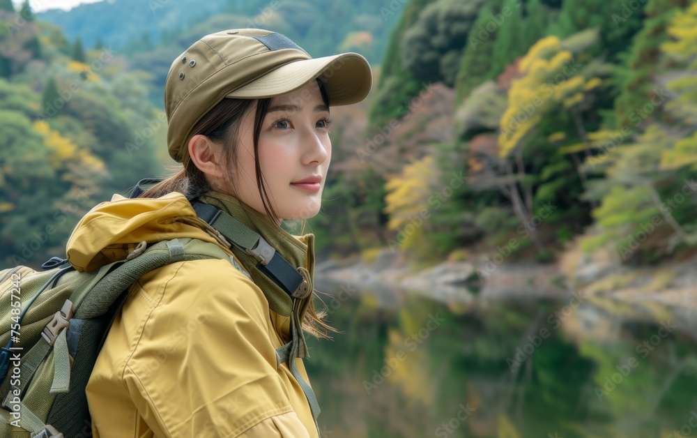 A multiracial woman standing wearing a hat and a yellow jacket