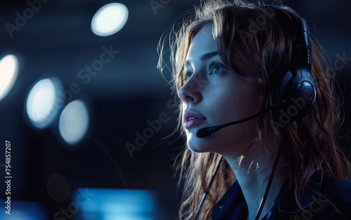 A multiracial woman wearing a headset in a dark room