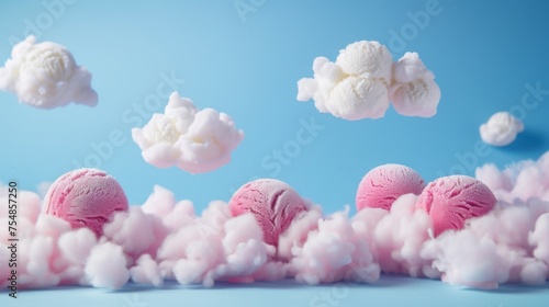 Pink ice cream scoops among the clouds. Air ice cream. Light dessert taste