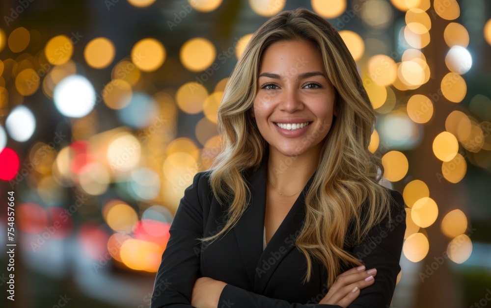 A multiracial woman smiling with her arms crossed in a relaxed pose A multiracial woman smiling with her arms crossed in a relaxed pose