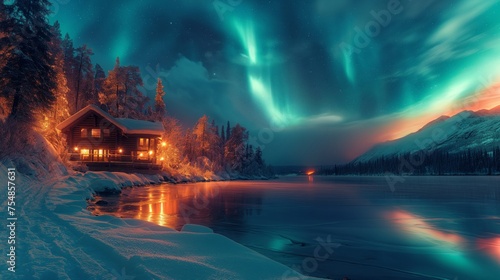 A captivating image of the Northern Lights (Aurora Borealis) dancing over a snowy, untouched landscape with a cozy, illuminated cabin in the foreground. The contrast of warm light against the cool.