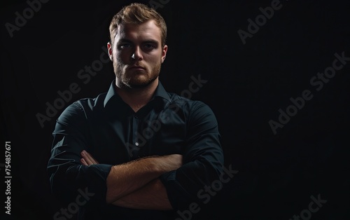 A multiracial man stands confidently with his arms crossed, showcasing a strong and assertive posture