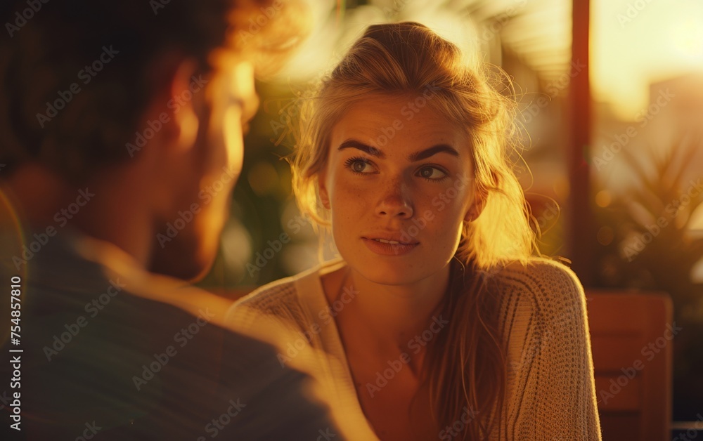 A multiracial woman is sitting at a table engaged in conversation with a man A multiracial woman is sitting at a table engaged in conversation with a man