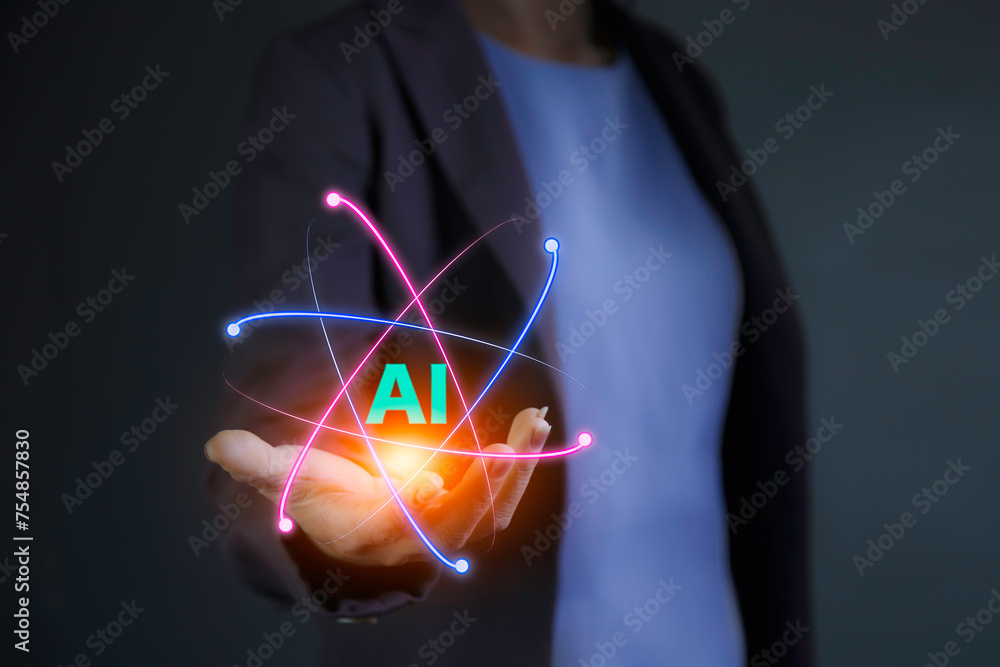 Ai data analysis concept, Icon AI on hand. technology to control automatic. AI technology Machine learning for data analysis and management, Data analysis using artificial intelligence is essential.