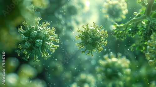 Virulent pathogen; 3d illustration of viruses. 3d rendering of green germ for medicine and pandemic concept photo