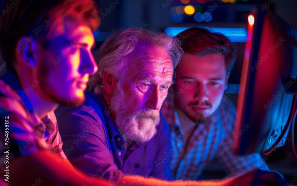 Obraz premium Multiracial group of men gathered around a computer screen, examining data and discussing information