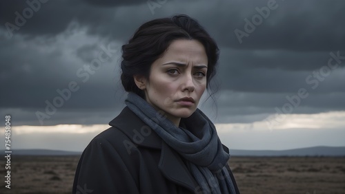 A somber depiction of a woman with a vacant stare, her despondency highlighted by the bleak, overcast sky above her, generative AI