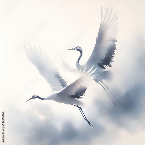 Piękne żurawie w locie, akwarela, dekoracja generative ai