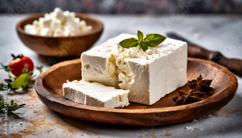 Feta cheese on a wooden plate: a culinary delight of dairy goodness. White cheese