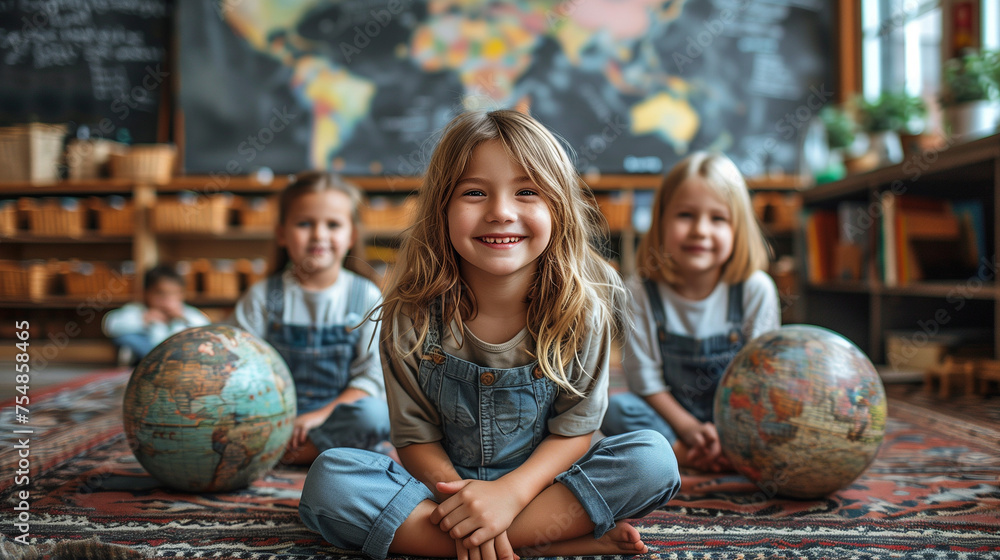Smiling child in a classroom with globes; joyful young girl sitting on the floor with classmates in a colorful schoolroom setting - obrazy, fototapety, plakaty 