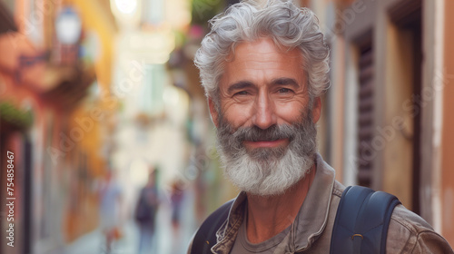 Happy mature older middle aged bearded man traveling © Optinik