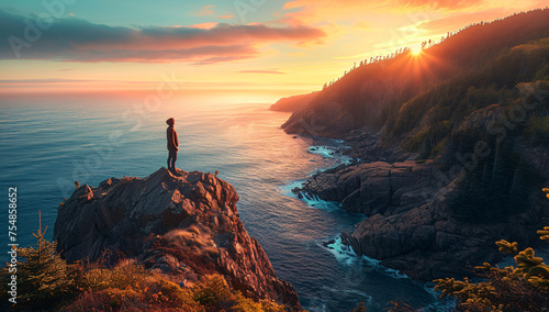 person sitting on a cliff in the sunset