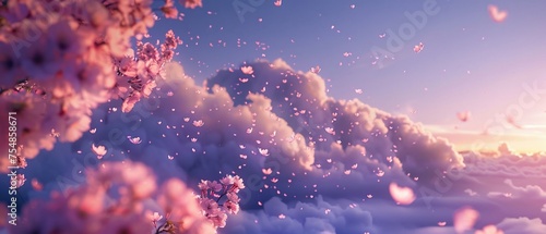 Cherry blossoms float near a cloud