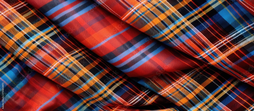 A close-up view of a Scottish tartan fabric featuring vibrant red, blue, and yellow colors in a classic check pattern. The loops and abstract texture create a retro decorative design on the cloth. A close-up view of a Scottish tartan fabric featuring vibrant red, blue, and yellow colors in a classic check pattern. The loops and abstract texture create a retro decorative design on the cloth.