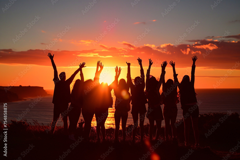 group of people at sunset - friendship group of people at sunset - friendship