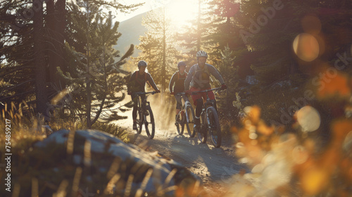 Mountain biking adventurers ride the forest trail at golden hour, with sunlight peeking.