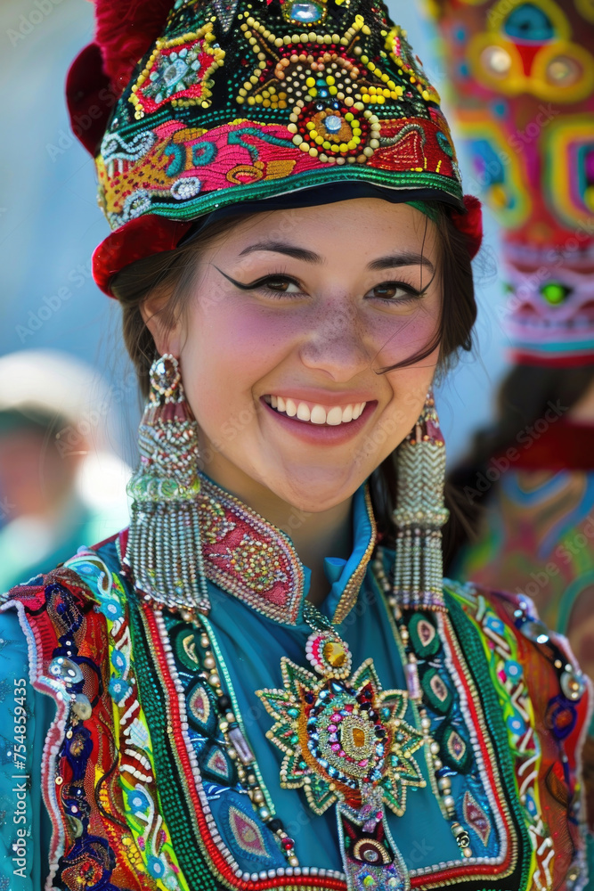 A joyful and beautiful young Kazakh woman dressed in traditional attire, celebrating Nowruz