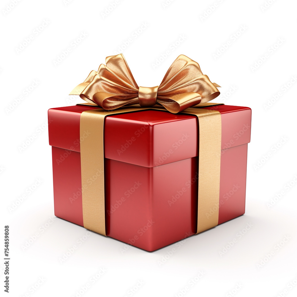 Red gift box with gold bow on white background сreated with Generative Ai Red gift box with gold bow on white background сreated with Generative Ai