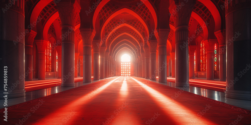 Wunderschöne Moschee in roten Abendlicht im Querformat für Banner, ai generativ