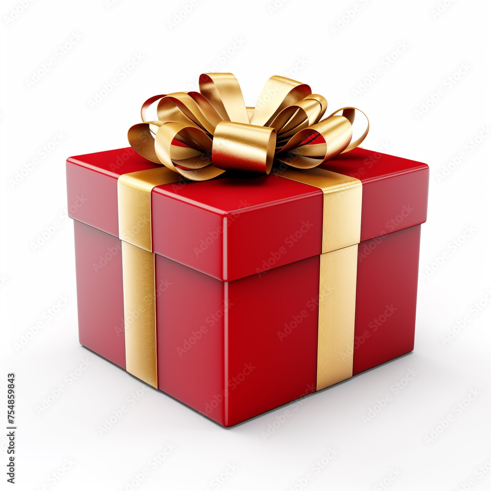 Red gift box with gold bow on white background сreated with Generative Ai Red gift box with gold bow on white background сreated with Generative Ai