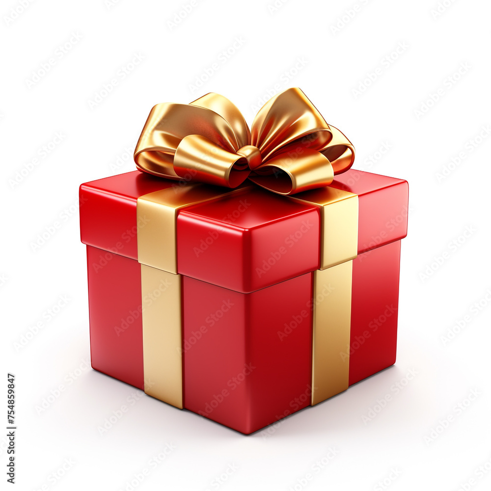 Fototapeta premium Red gift box with gold bow on white background сreated with Generative Ai