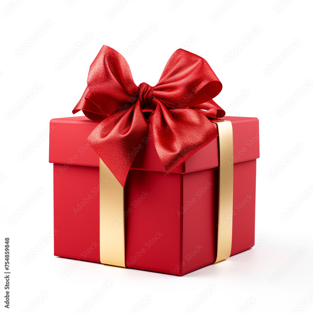Obraz premium Red gift box with gold bow on white background сreated with Generative Ai