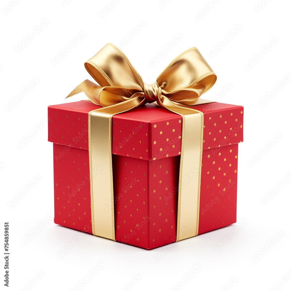 Red gift box with gold bow on white background сreated with Generative Ai Red gift box with gold bow on white background сreated with Generative Ai