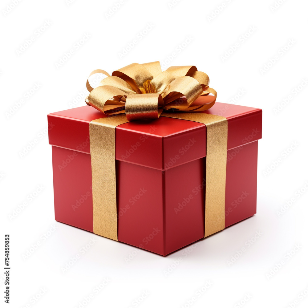 Red gift box with gold bow on white background сreated with Generative Ai Red gift box with gold bow on white background сreated with Generative Ai