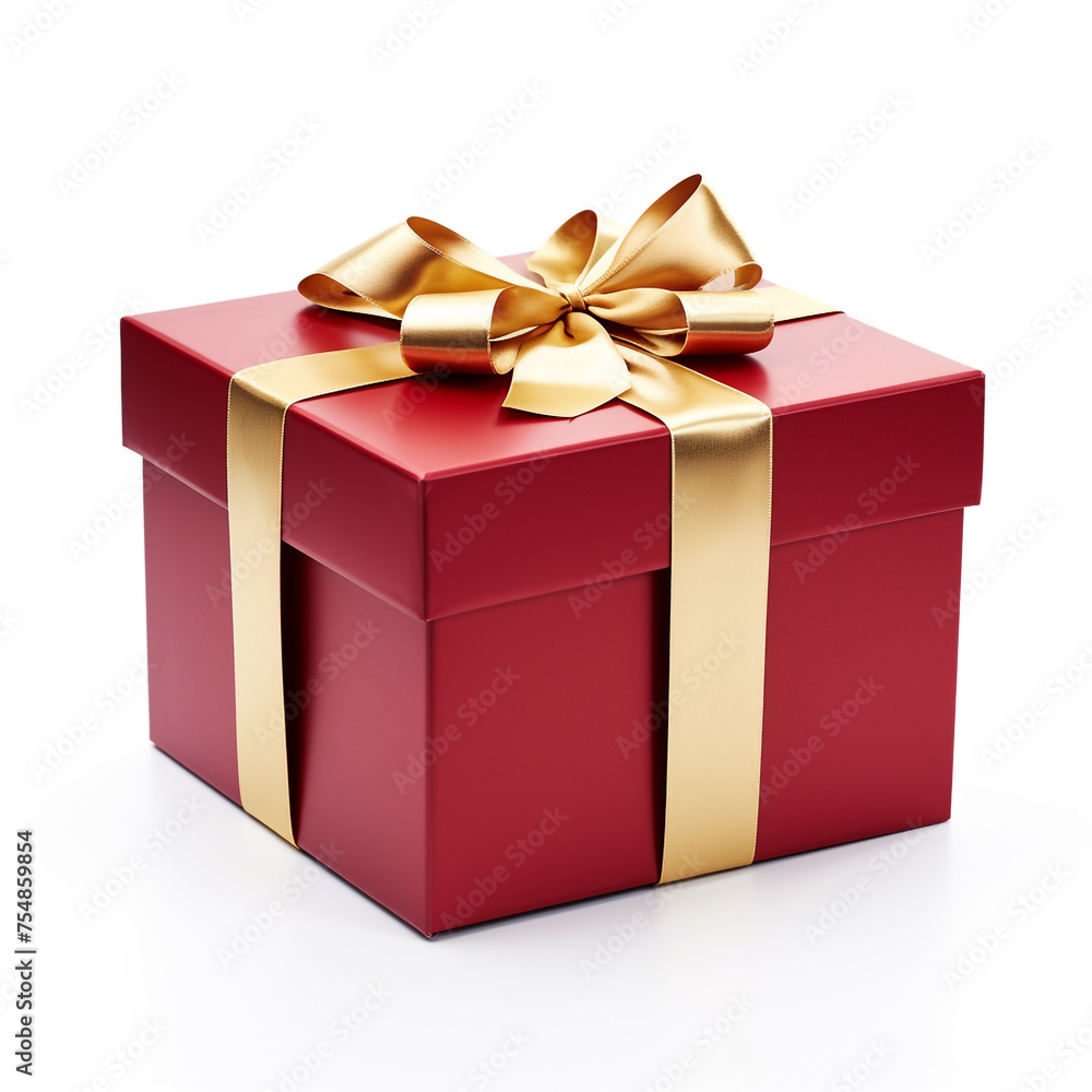 Red gift box with gold bow on white background сreated with Generative Ai Red gift box with gold bow on white background сreated with Generative Ai