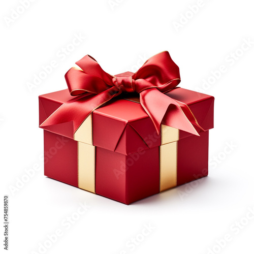 Red gift box with gold bow on white background сreated with Generative Ai © Andrii Yablonskyi