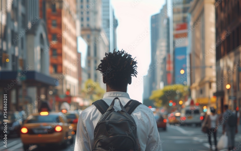 A multiracial man with a backpack is walking down the street