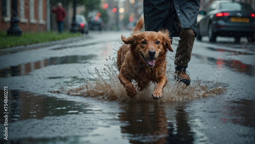 Lebhafter Mischlingshund tollt mit Besitzer dynamisch durch Regenpfützen