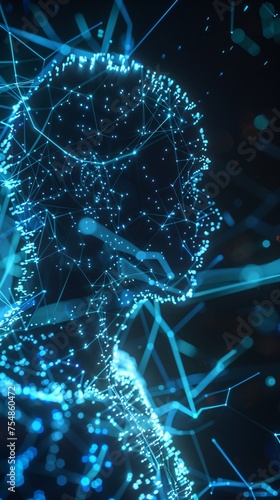 3D animation of an AI evolving its form outlined in bright blue lines against a digital backdrop illustrating the growth of artificial intelligence