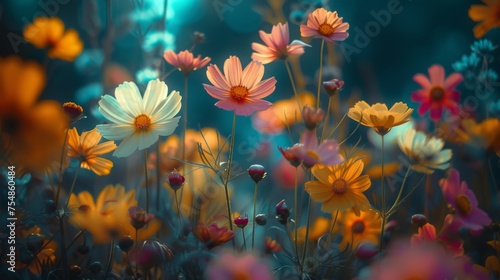 Various colorful flowers blooming in a grassy field, creating a vibrant display of natures beauty © imagineRbc