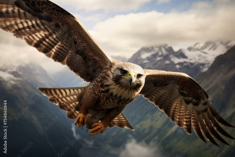 Fototapeta premium Majestic Flying falcon sunset. Bird animal. Generate Ai