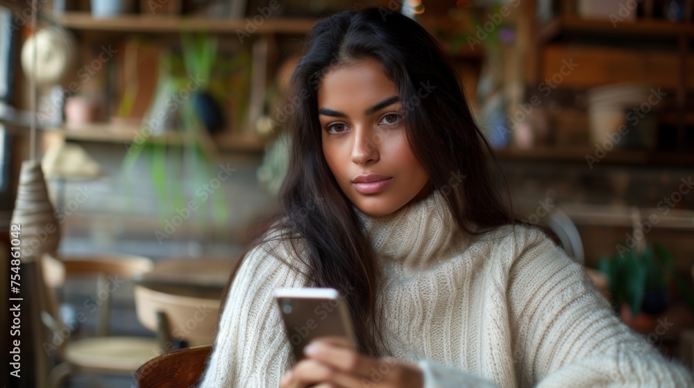 A multiracial woman sitting at a table, engaged with her cell phone