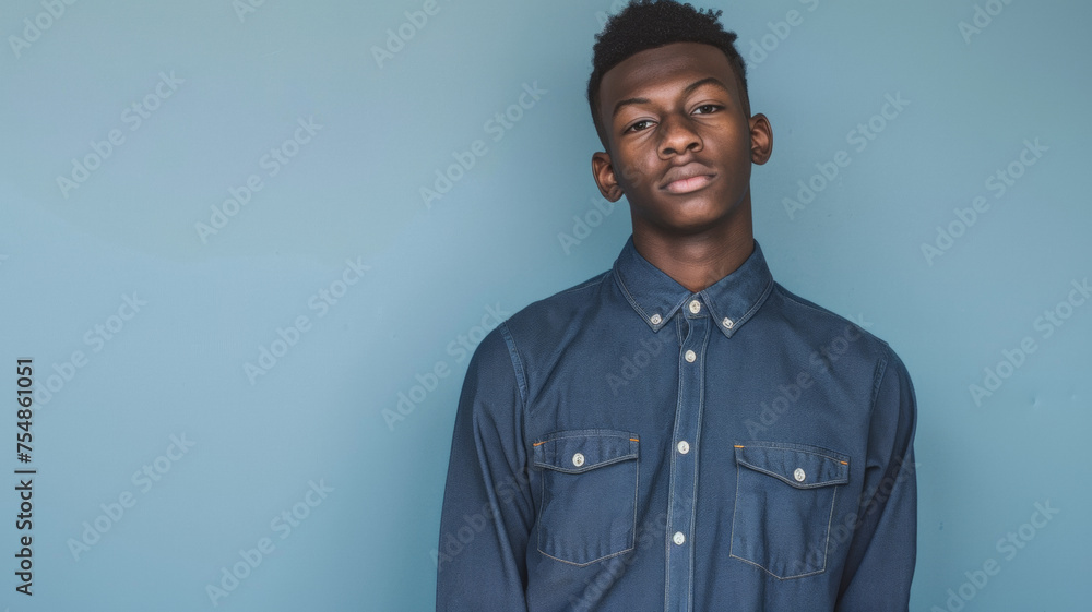 Obraz premium Confident young man in a denim shirt, embodying youthful resilience and simplicity.