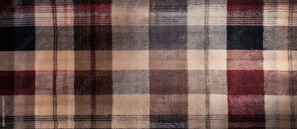 This close-up view showcases the modern and uneven tartan woven carpet textures in a distressed design. The image highlights the intricate details of the weaved rug fabric used for office or hotel This close-up view showcases the modern and uneven tartan woven carpet textures in a distressed design. The image highlights the intricate details of the weaved rug fabric used for office or hotel