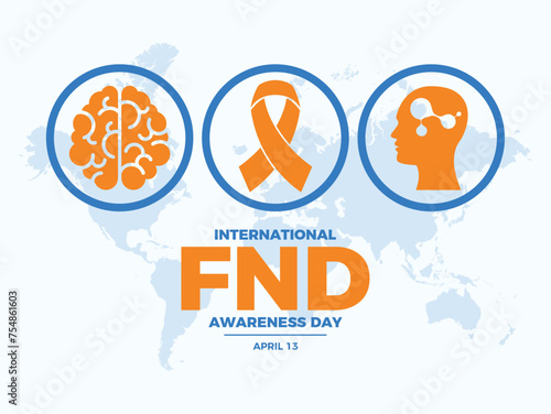 International FND Awareness Day poster vector illustration. Orange awareness ribbon and human brain icon set vector. Functional Neurological Disorder symbol. April 13 every year. Important day photo