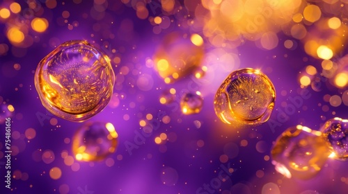 Golden shimmery core bubbles against purple background. Gold sphere. 