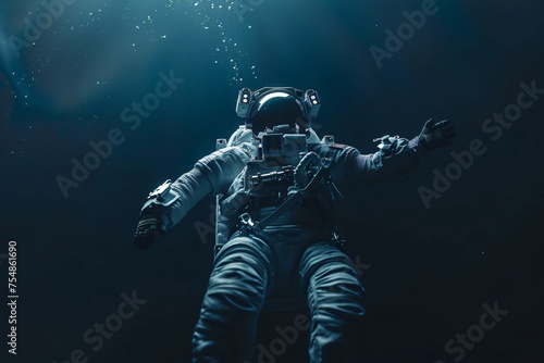 Astronaut in a spacewalk light painting style illustrating the dance of light and darkness in the void