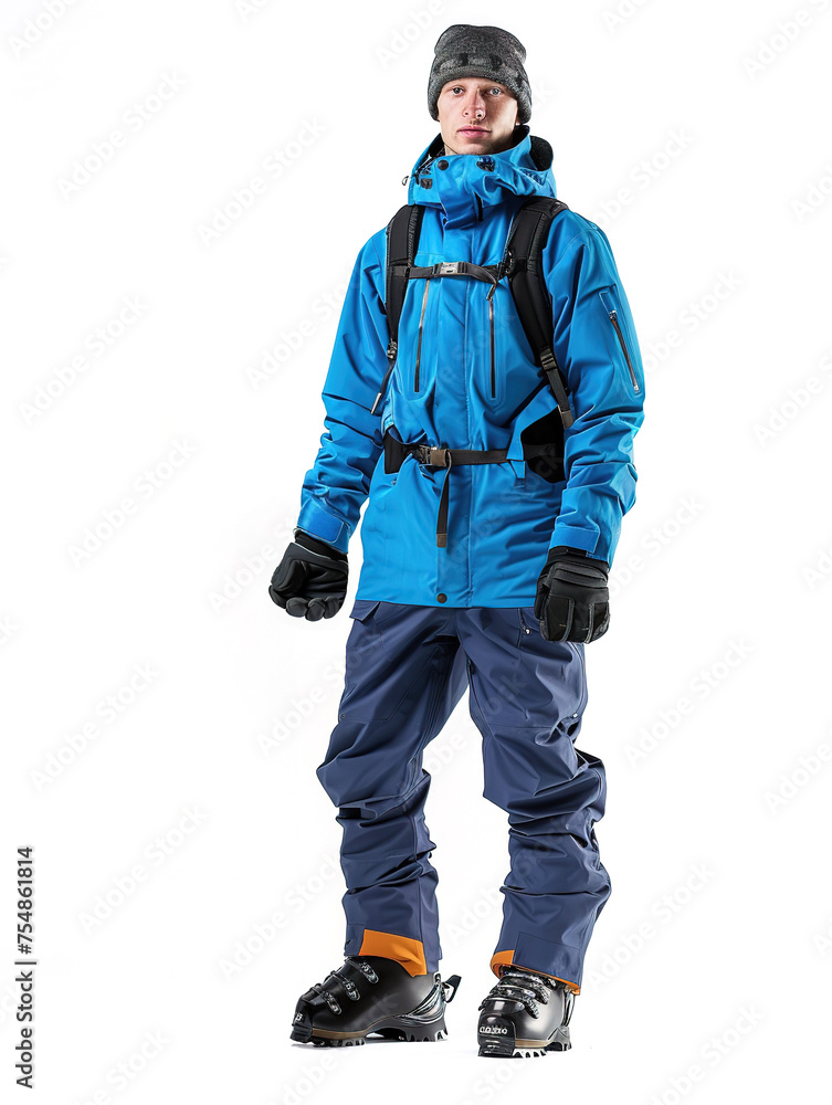 25 years old caucasian skier in blue clothes posing as a model looking at camera over white background. Studio shot 25 years old caucasian skier in blue clothes posing as a model looking at camera over white background. Studio shot