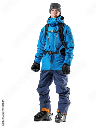 25 years old caucasian skier in blue clothes posing as a model looking at camera over white background. Studio shot