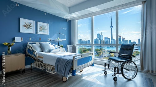 Healing with a View: Modern Hospital Room Overlooking the Cityscape. Generative ai photo