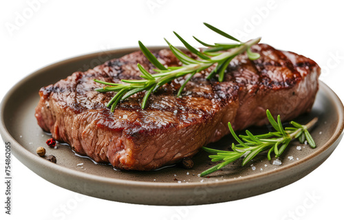 Beef steak served in plate on white background. Grilled steak, medium rare.